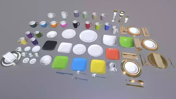 Kitchen Dishes Plates Cups Pack Lowpoly
