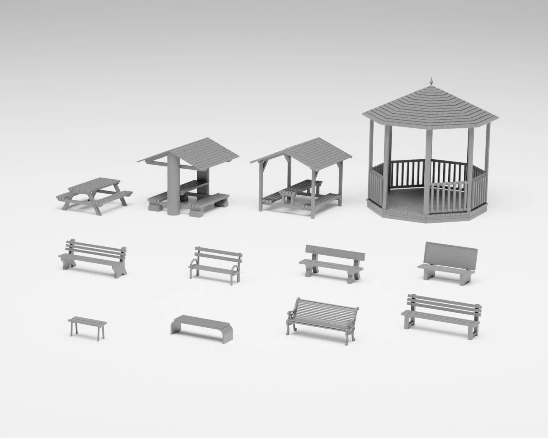 Park benches pack - benches picnic tables and gazebo H0 scale 3D print model_0