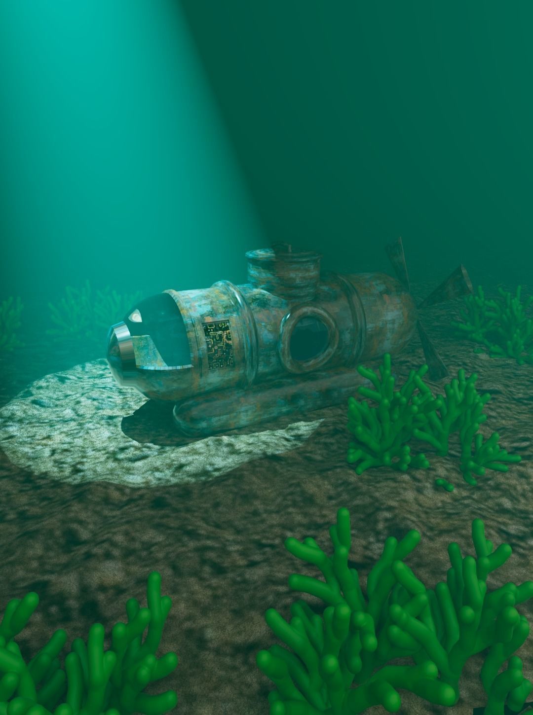 Submarine at the bottom of the sea 3D model_1