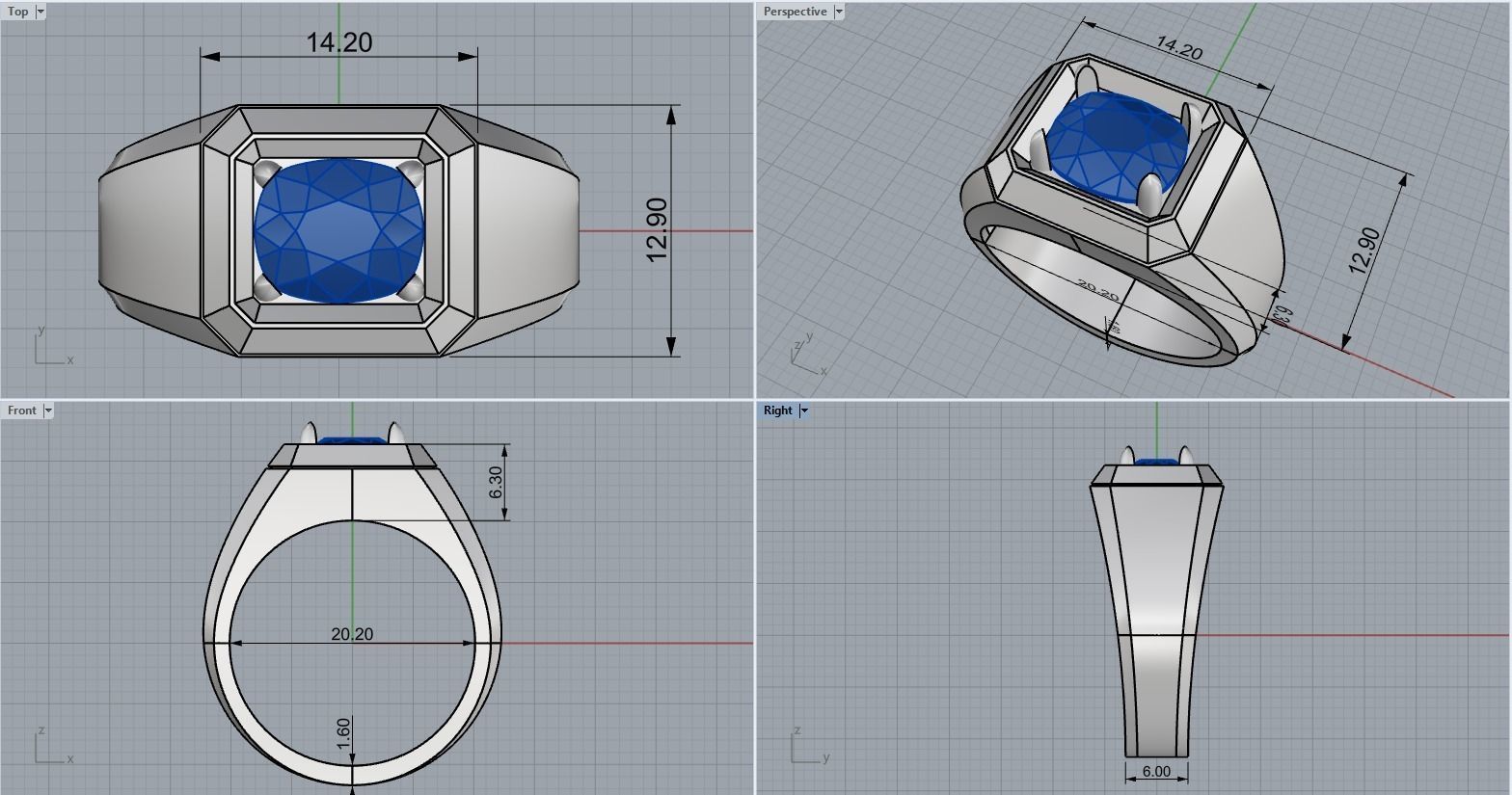 Cushion gem man signet ring model 481 3D print model_4