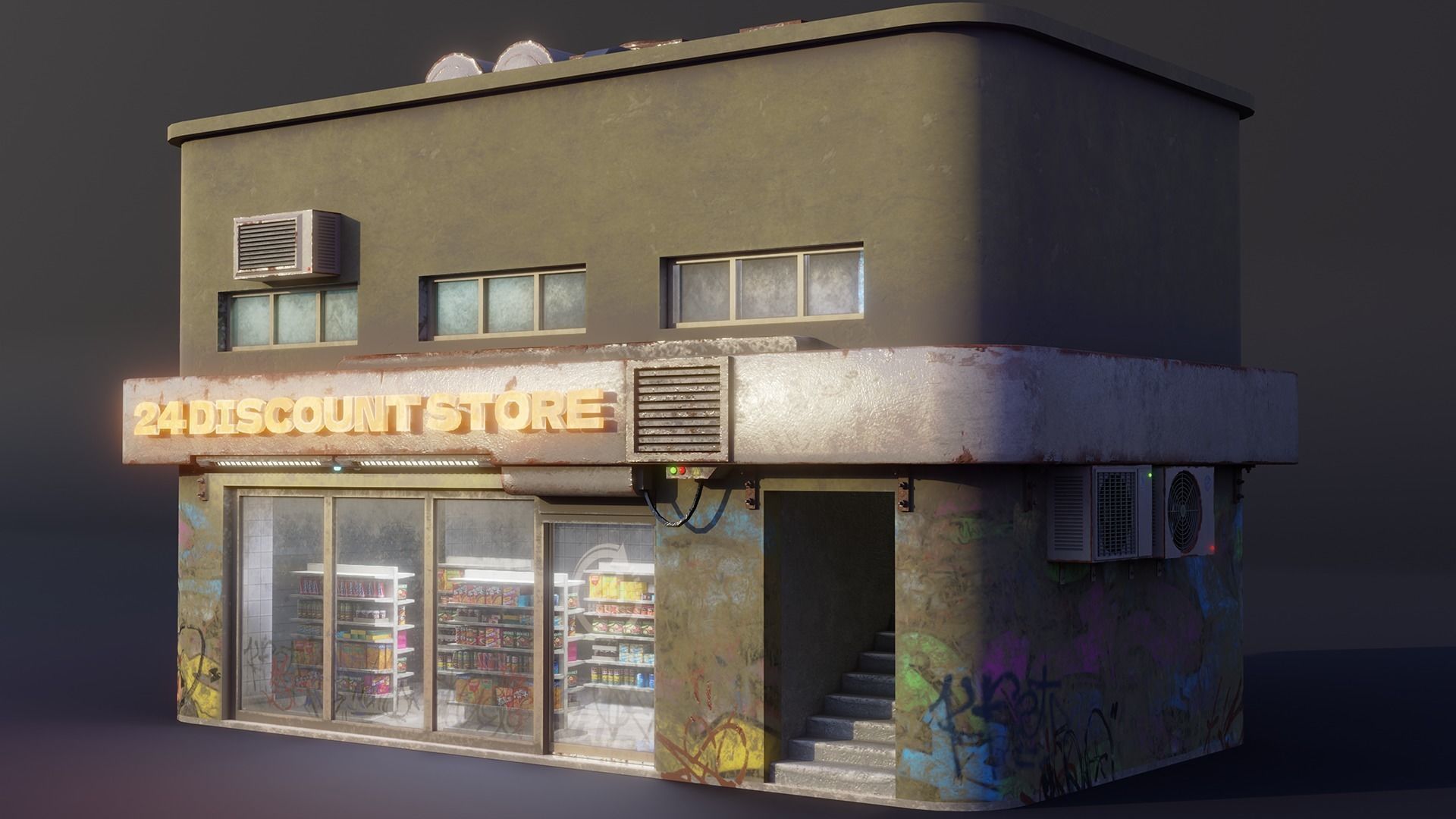 Cyberpunk Store building and props Low-poly 3D model_1