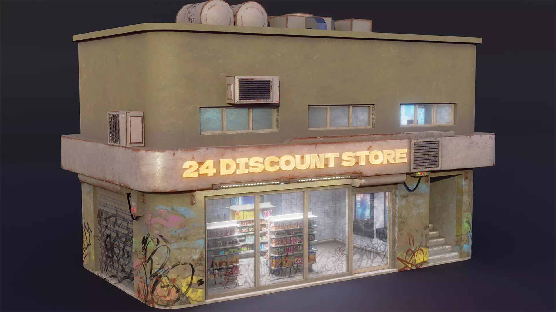 Cyberpunk Store building and props Low-poly 3D model_0