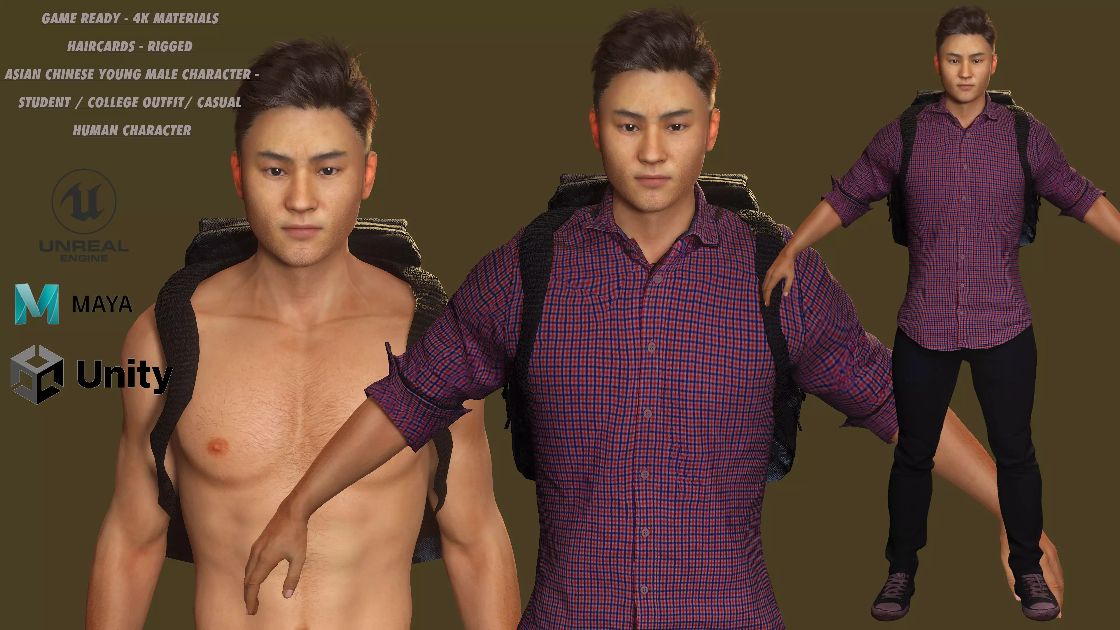 AAA 3D REALISTIC CHARACTER - ASIAN YOUNG CHINESE MAN  Low-poly 3D model_0