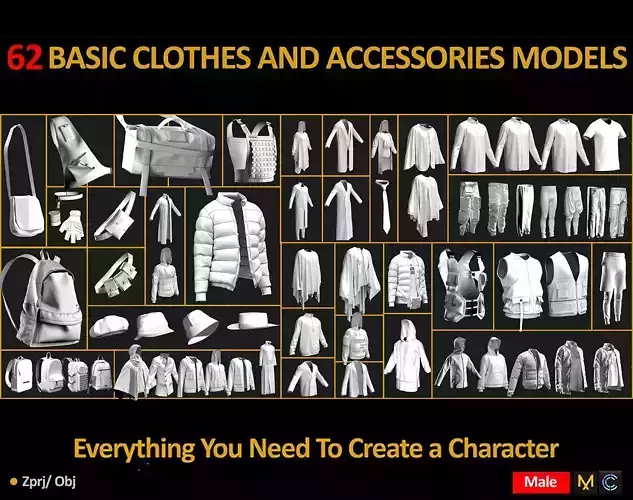 62 BASIC CLOTHES AND ACCESSORIES MODELS Low-poly 3D model