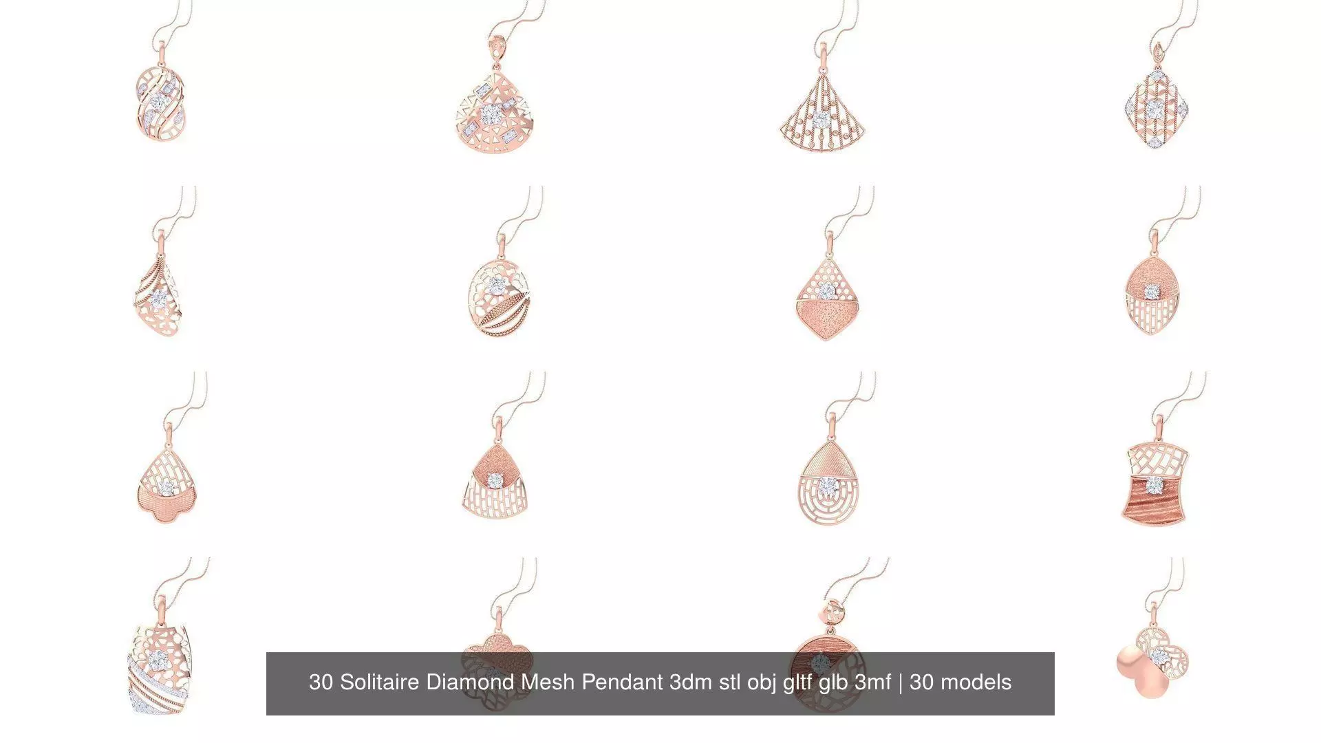 30 Solitaire Diamond Mesh Pendant 3dm stl obj gltf glb 3mf 3D Model Collection_0
