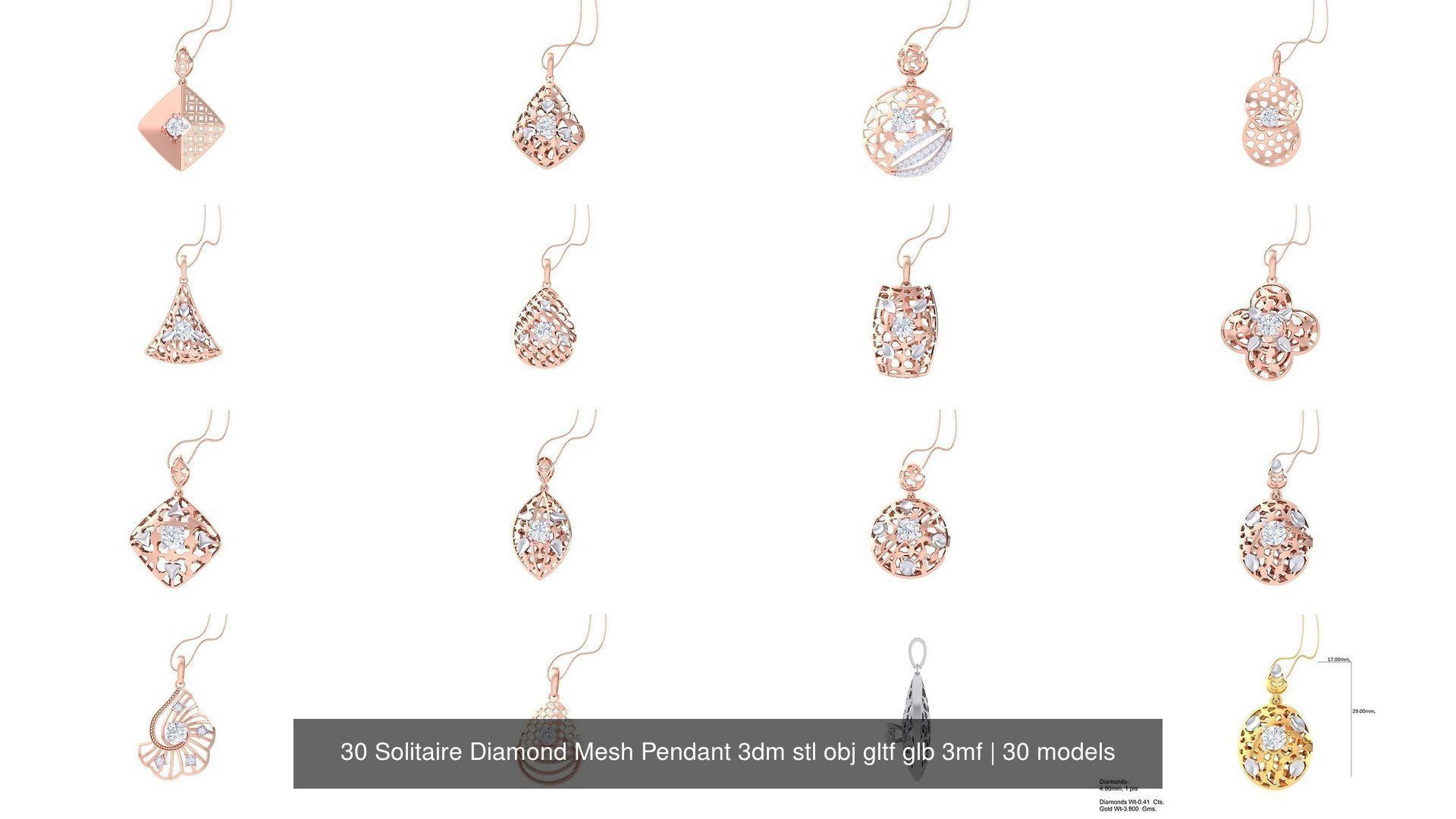 30 Solitaire Diamond Mesh Pendant 3dm stl obj gltf glb 3mf 3D Model Collection_2