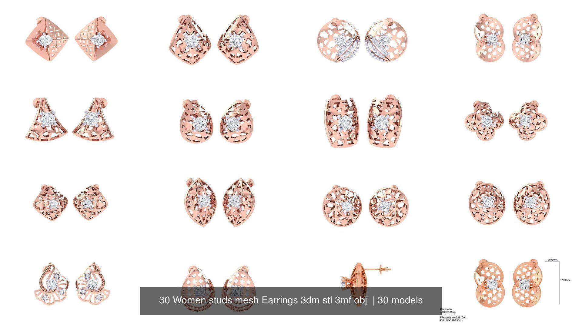 30 Women studs mesh Earrings 3dm stl 3mf obj  3D Model Collection_2