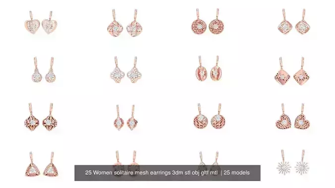 25 Women solitaire mesh earrings 3dm stl obj gltf mtl 