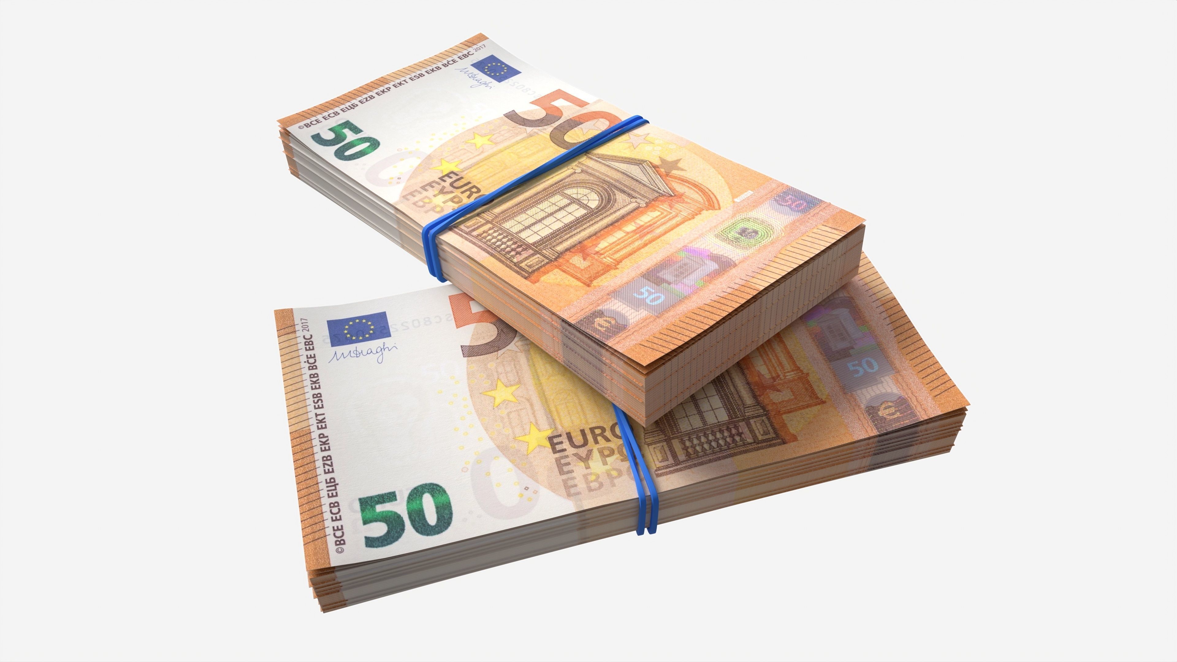 Euro banknote bundles tied with rubbers 3D model_2