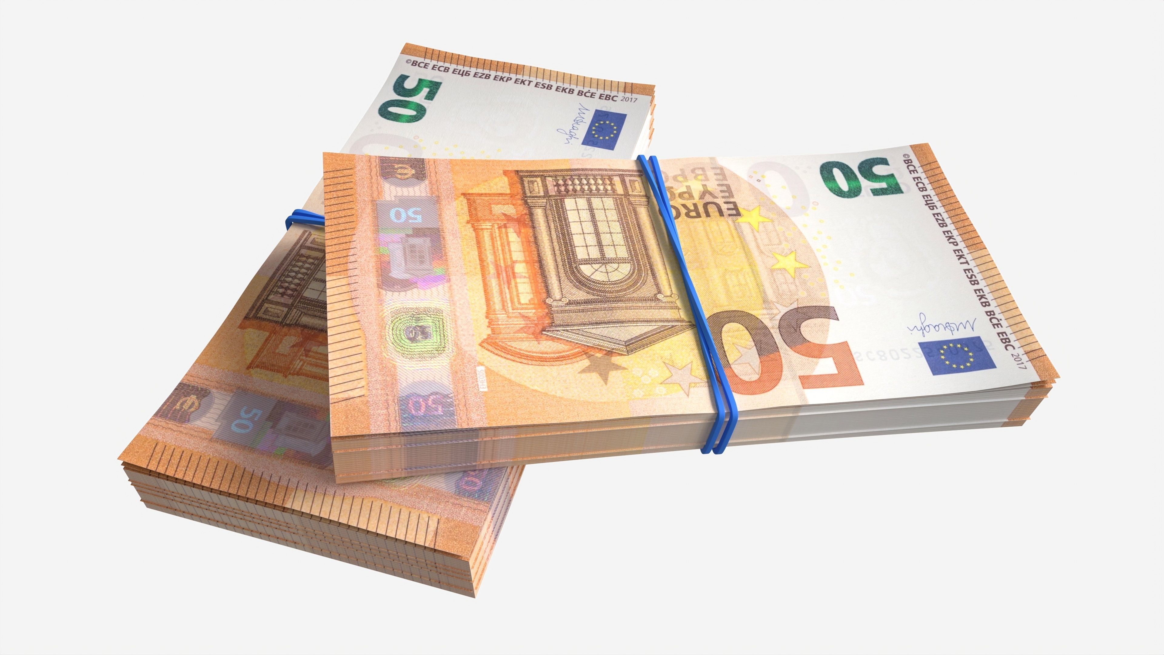 Euro banknote bundles tied with rubbers 3D model_1