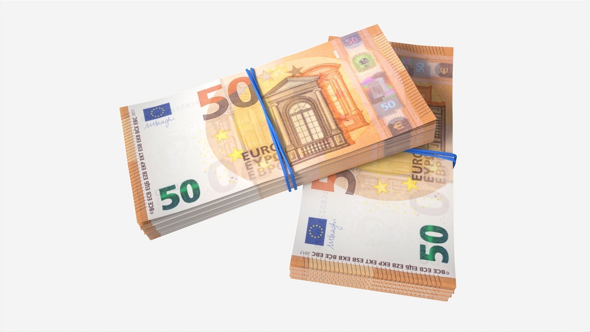 Euro banknote bundles tied with rubbers 3D model_6