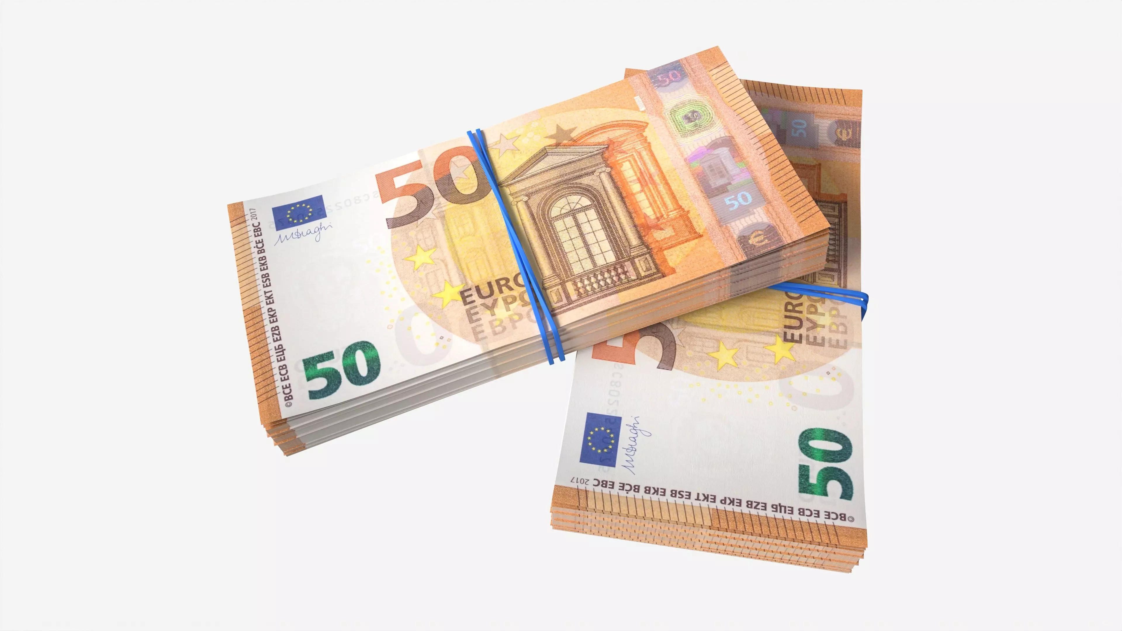 Euro banknote bundles tied with rubbers 3D model_0