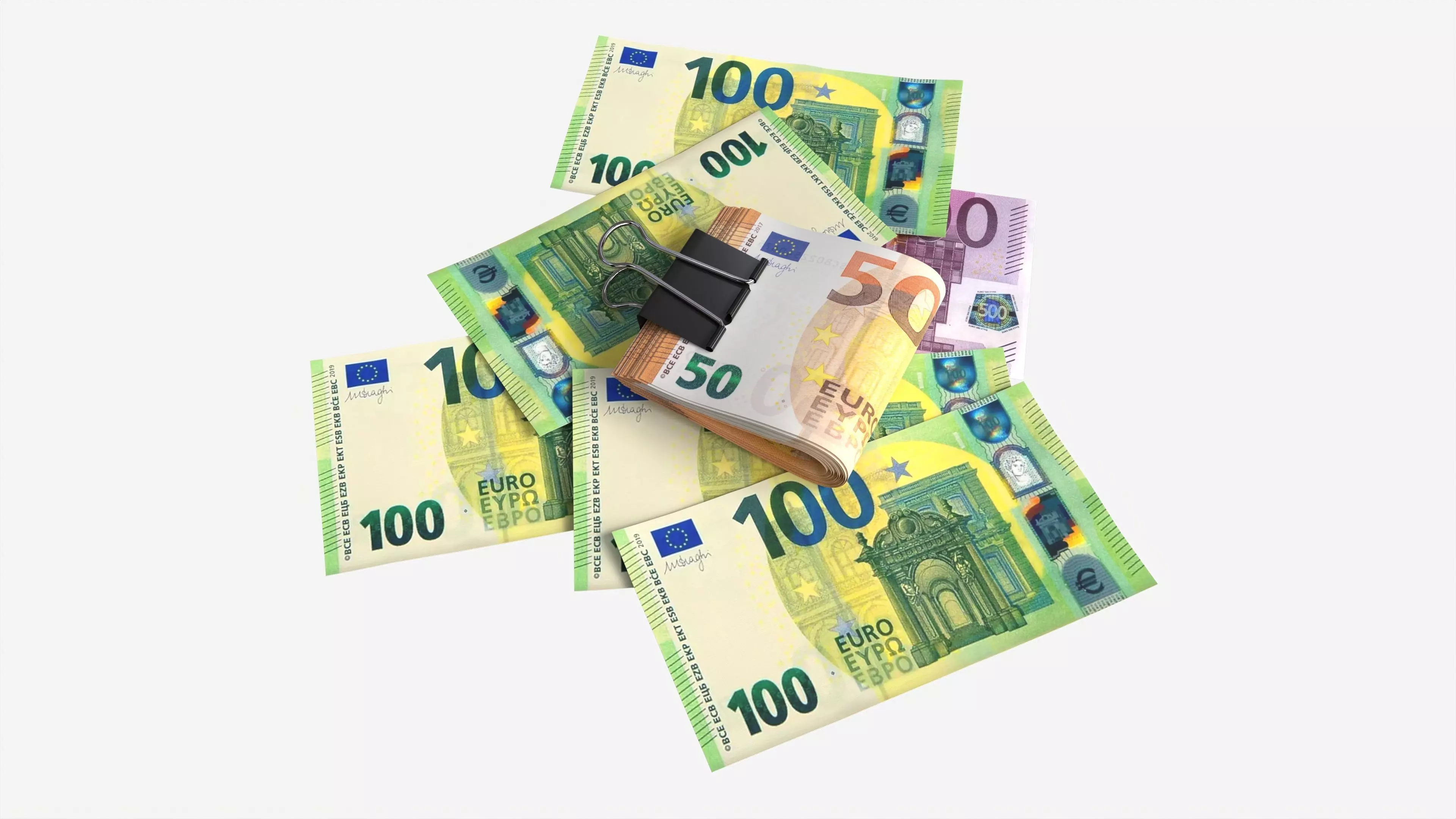 Euro banknotes folded with clip 02 3D model_0