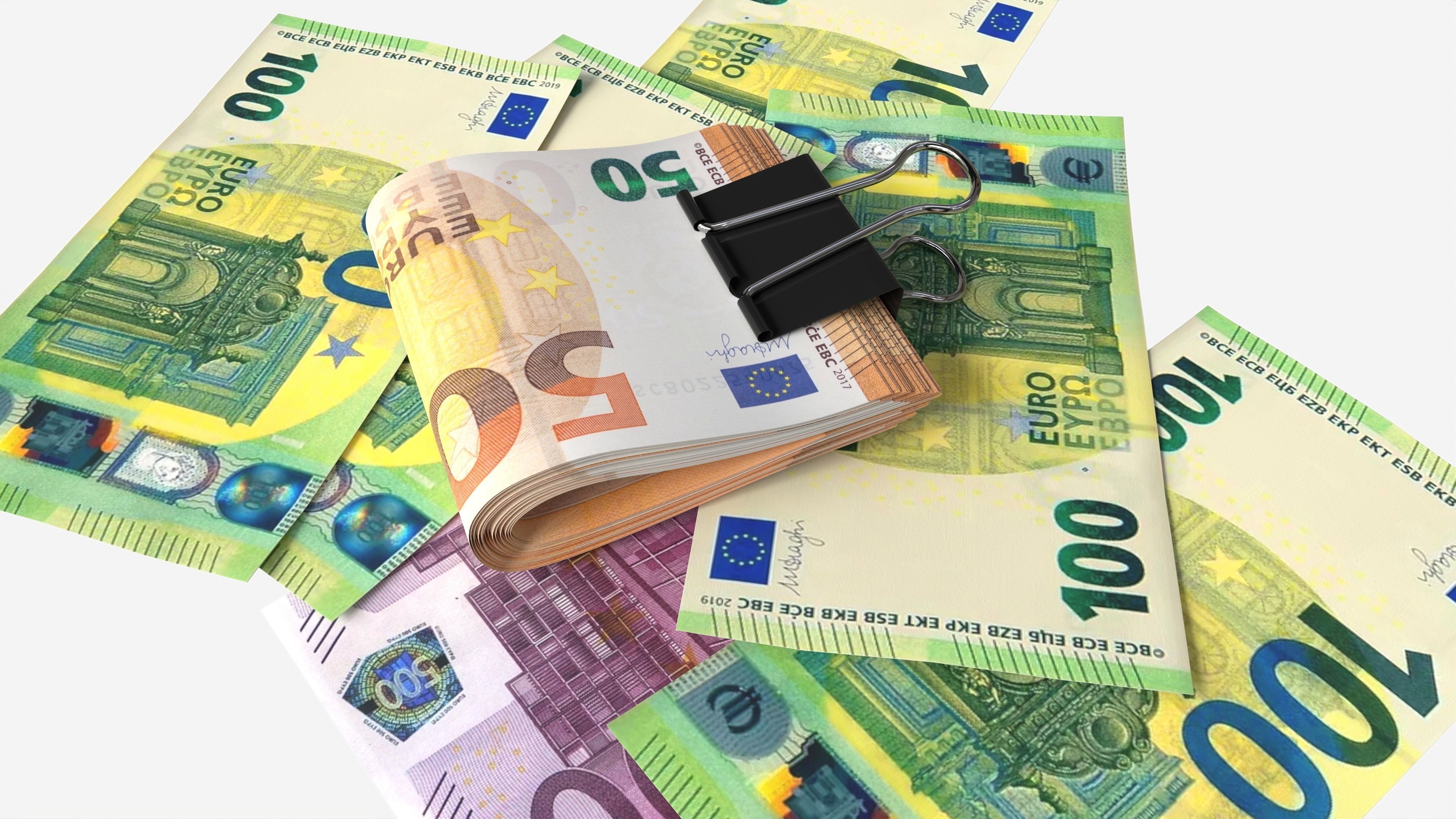 Euro banknotes folded with clip 02 3D model_2