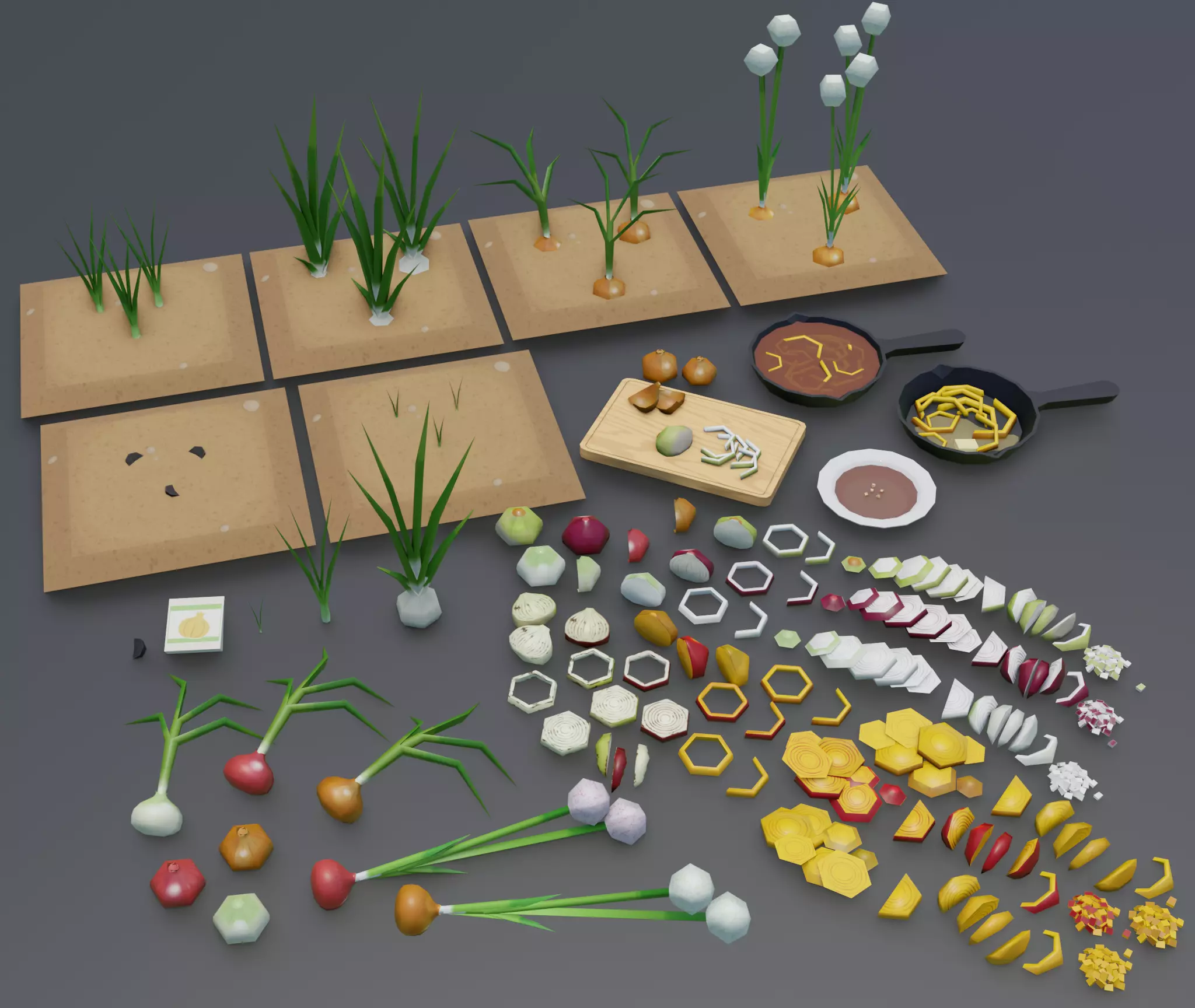 Onion growing and cooking set Low-poly 3D model_0