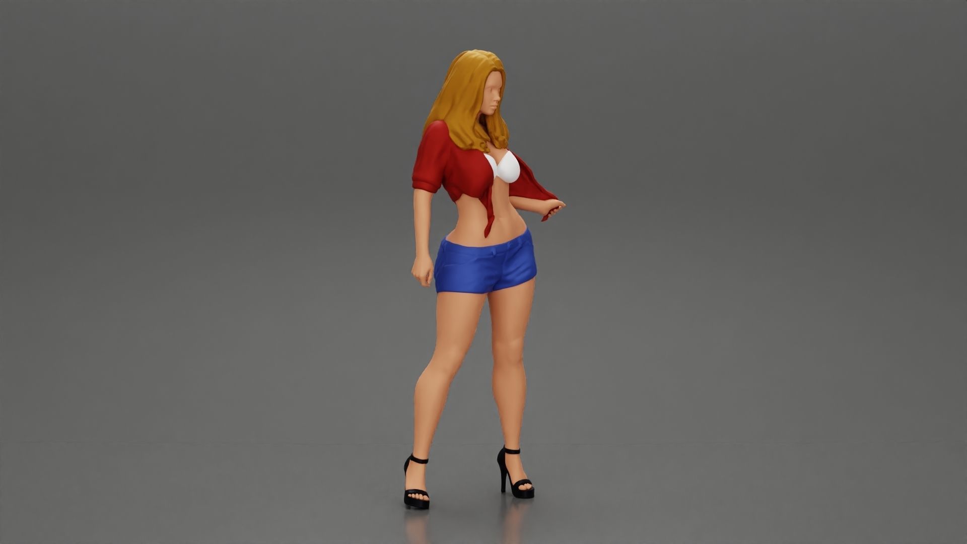 Sexy woman posing in short and shirt with open chest 3D print model_1