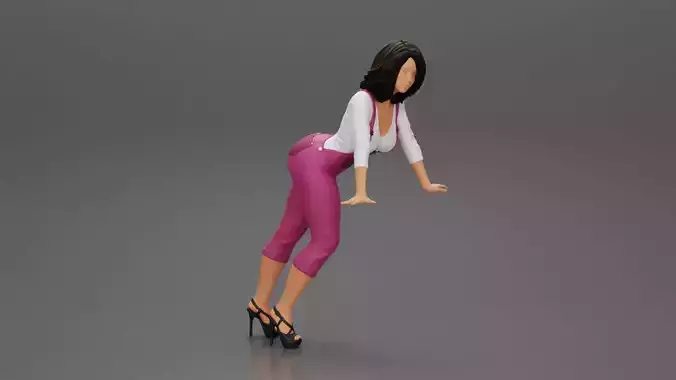 Sexy girl in overalls leans against the car with her hands