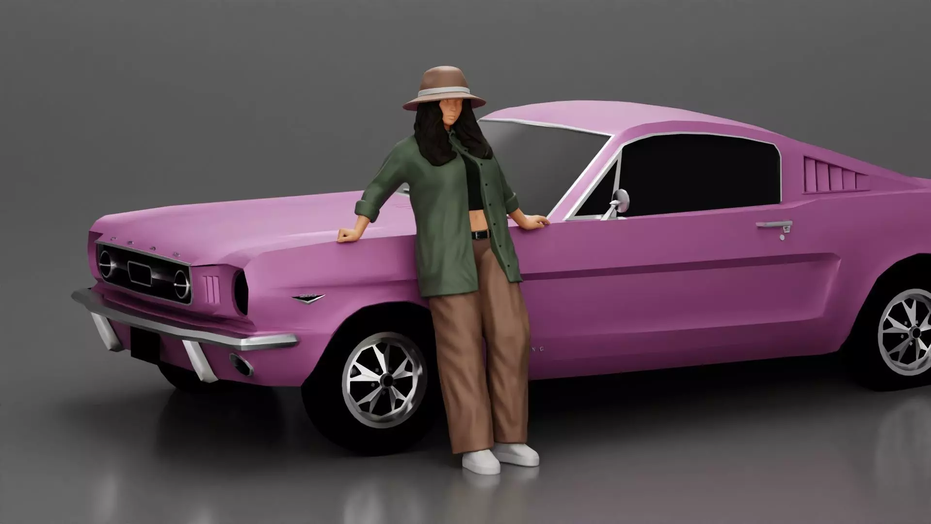 Lowrider chola girl leaning against car wearing a hat long shirt 3D print model