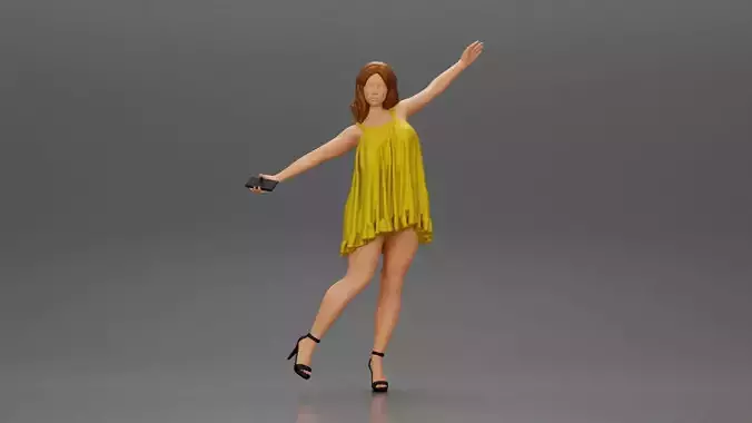 Happy Woman in dress and heels Standing on One Leg holding phone 3D print model