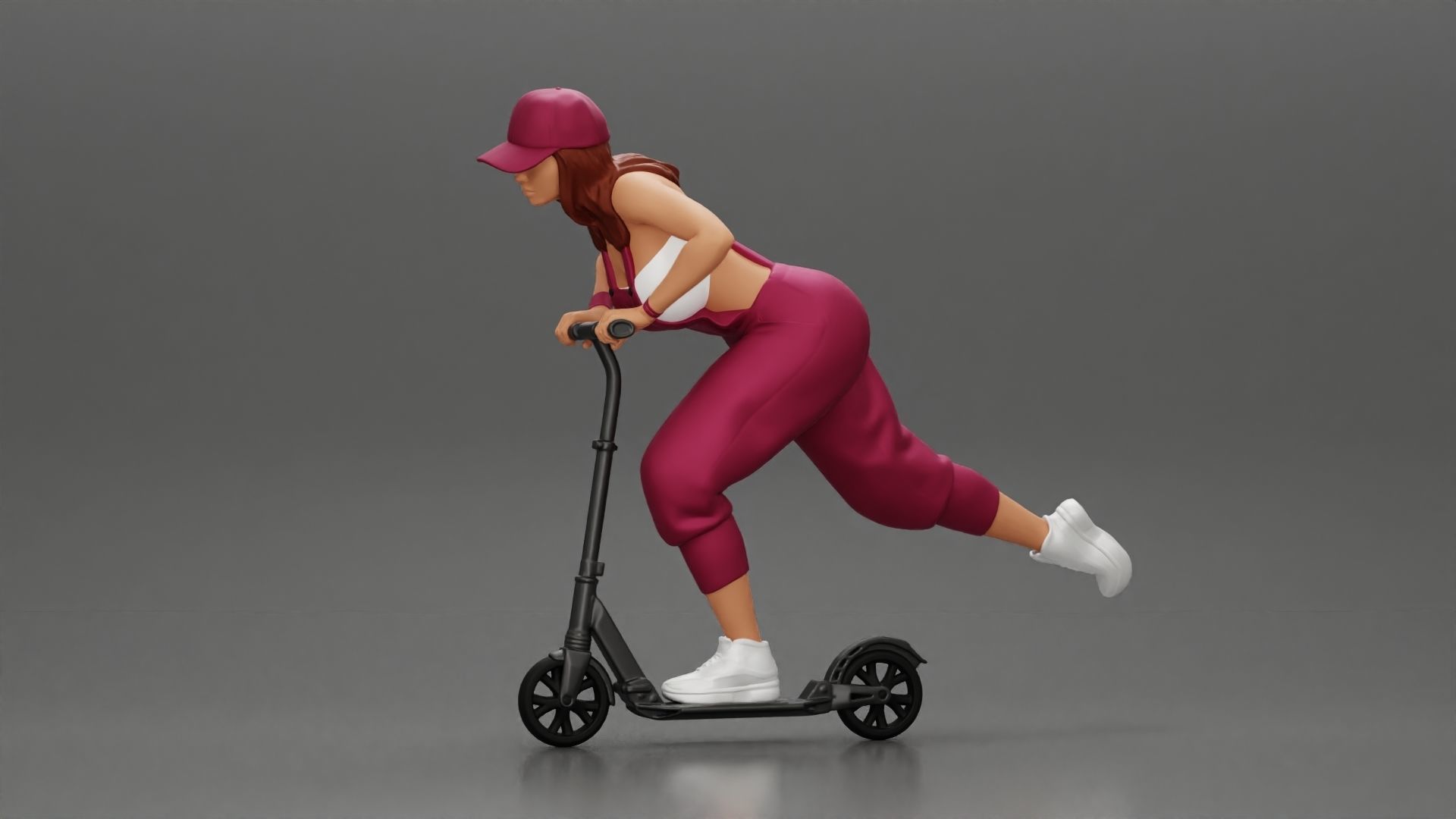 girl in overalls suit and cap riding fast an electric scooter 3D print model_5