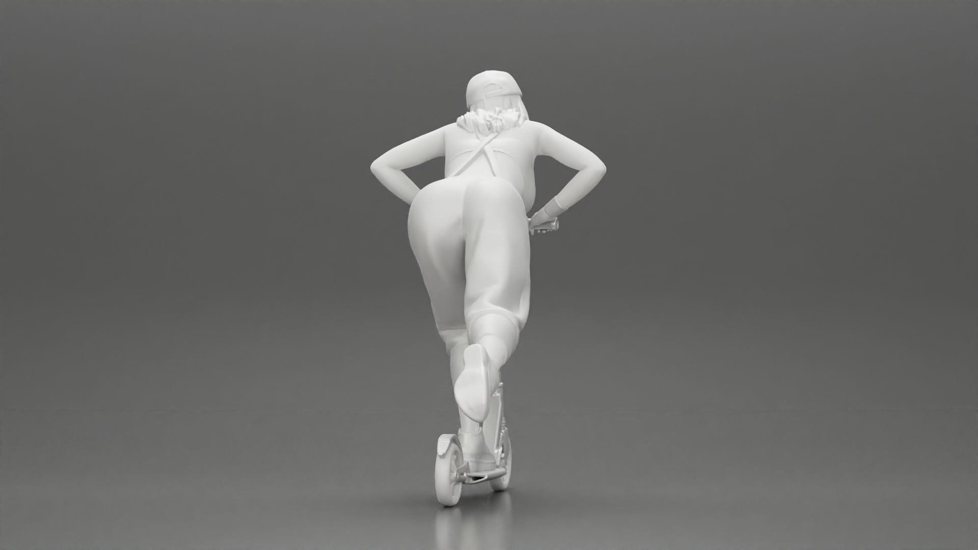 girl in overalls suit and cap riding fast an electric scooter 3D print model_9