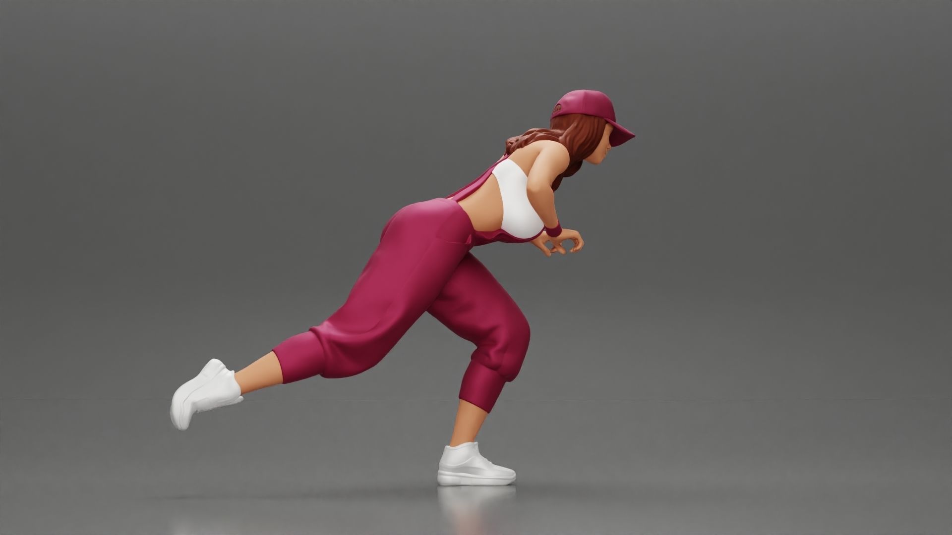 girl in overalls suit and cap riding fast an electric scooter 3D print model_13