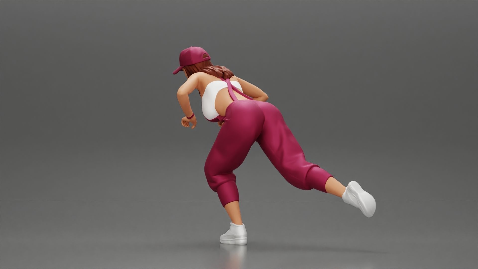 girl in overalls suit and cap riding fast an electric scooter 3D print model_15