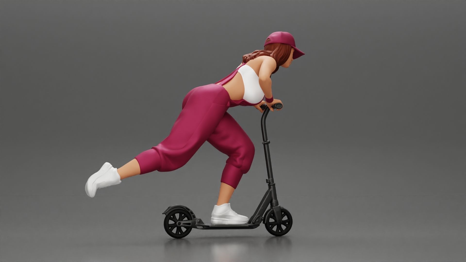 girl in overalls suit and cap riding fast an electric scooter 3D print model_2