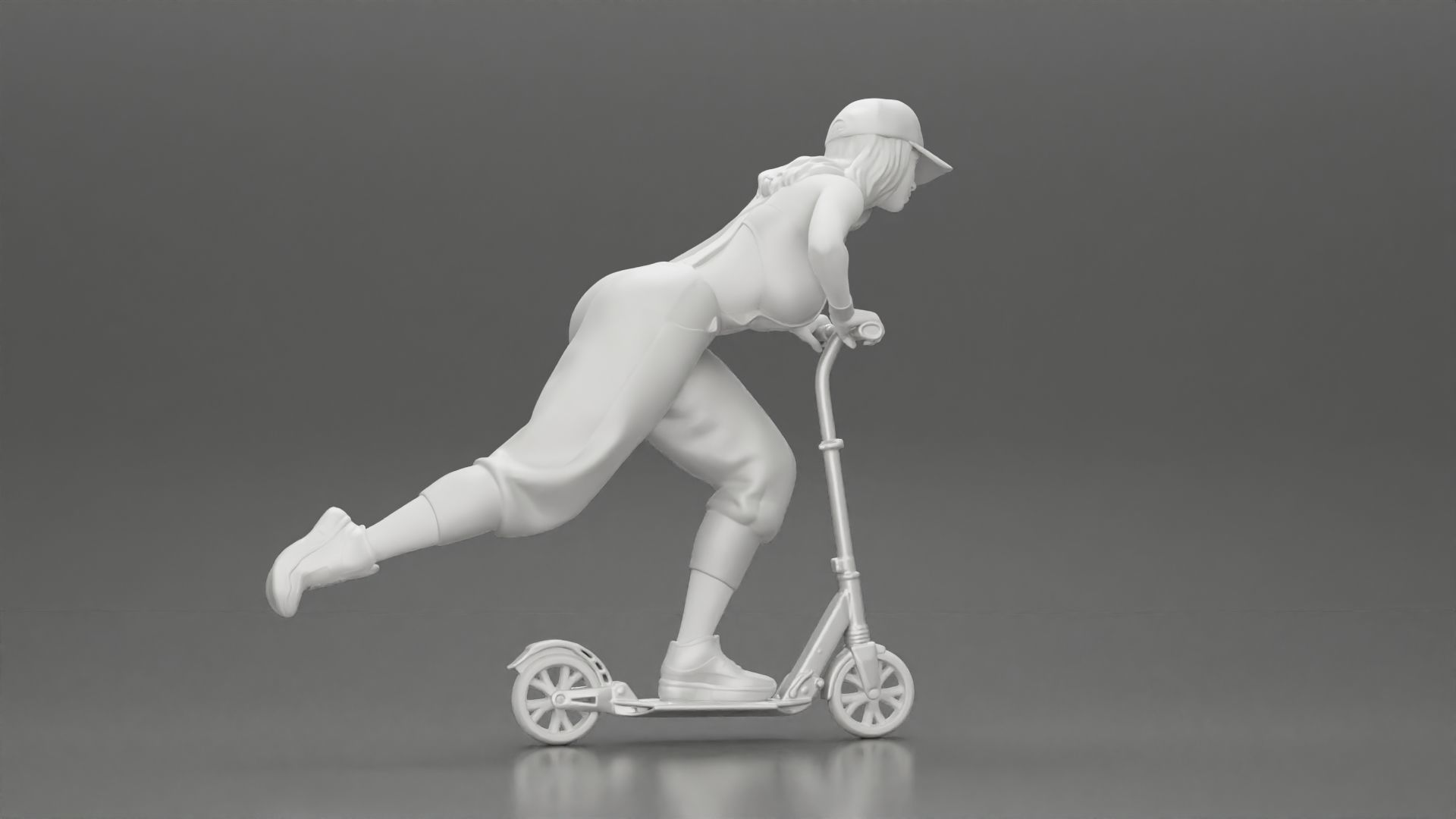 girl in overalls suit and cap riding fast an electric scooter 3D print model_8