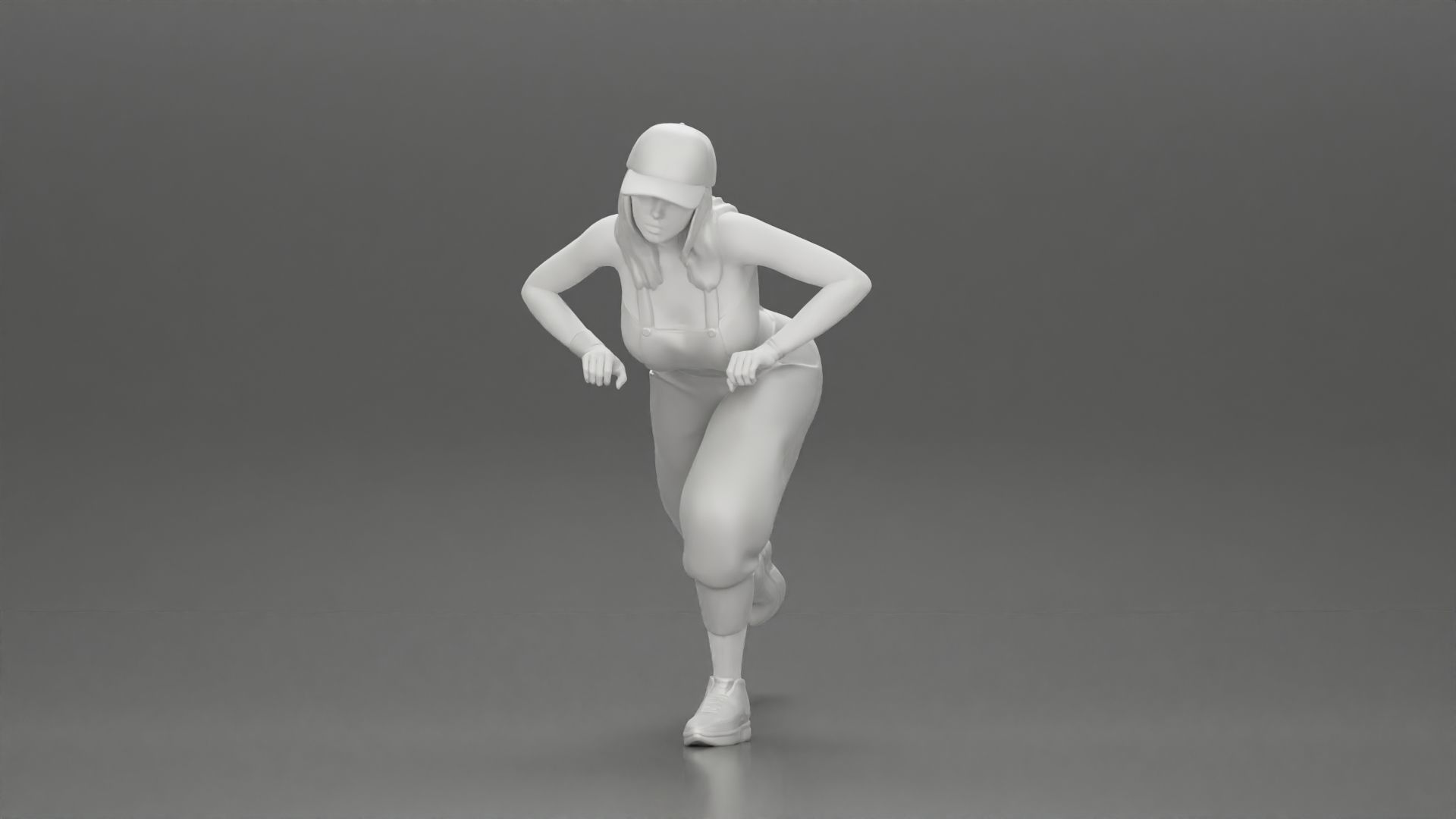 girl in overalls suit and cap riding fast an electric scooter 3D print model_23