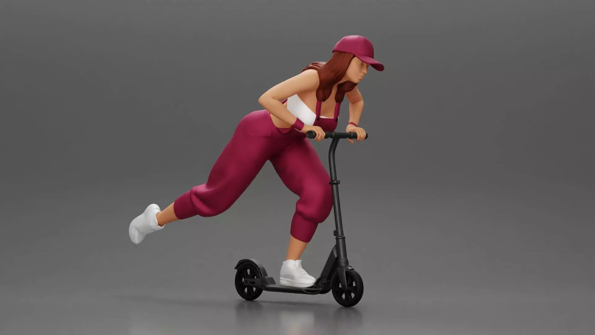 girl in overalls suit and cap riding fast an electric scooter 3D print model_0