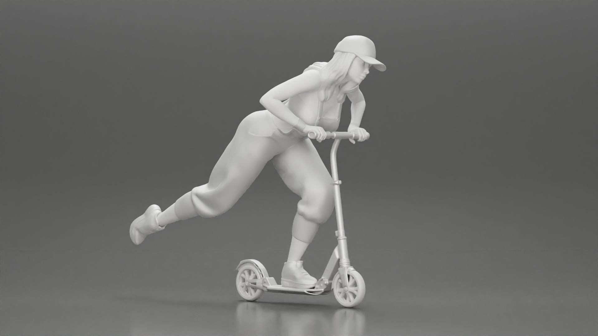 girl in overalls suit and cap riding fast an electric scooter 3D print model_7
