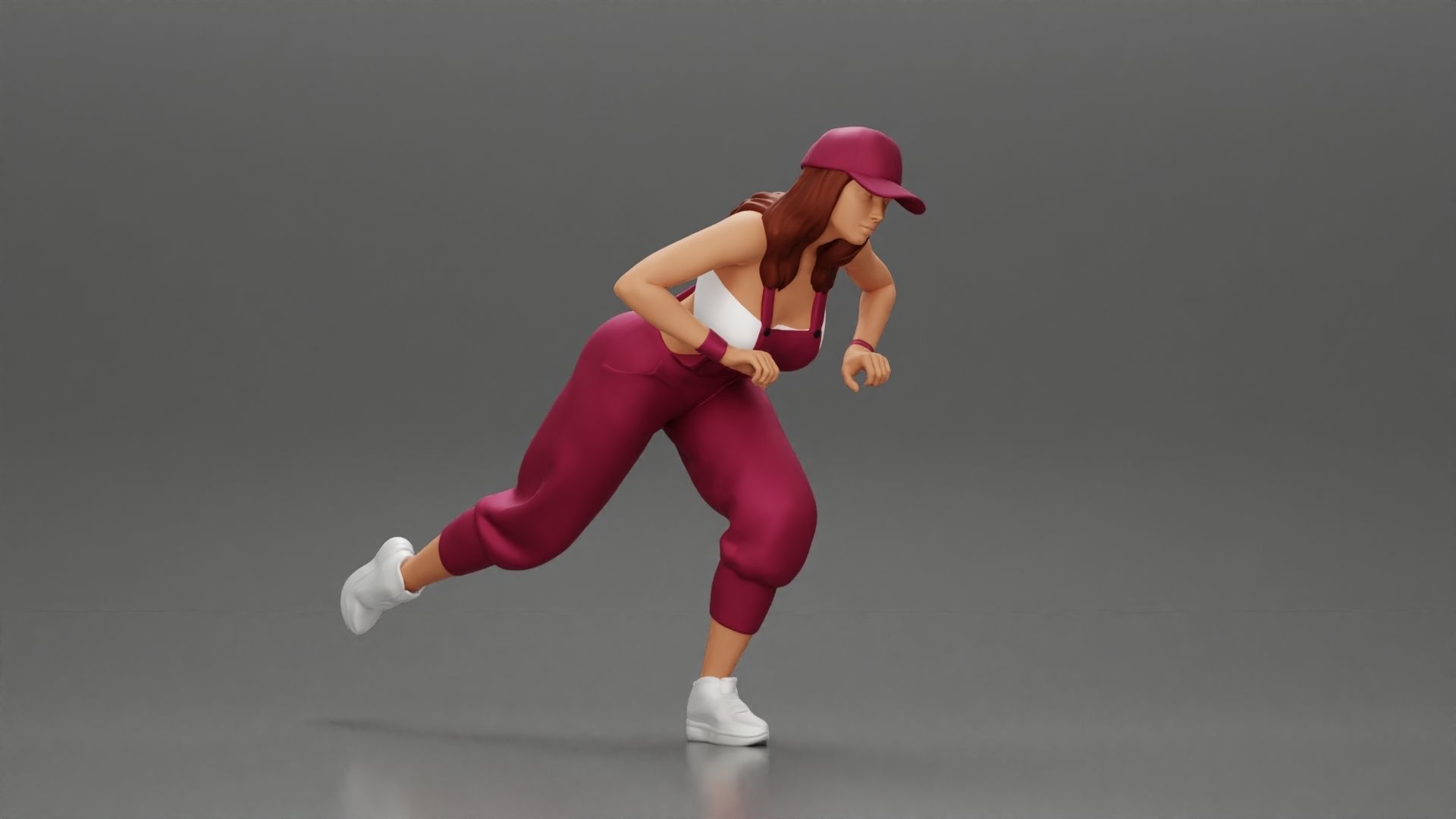 girl in overalls suit and cap riding fast an electric scooter 3D print model_1