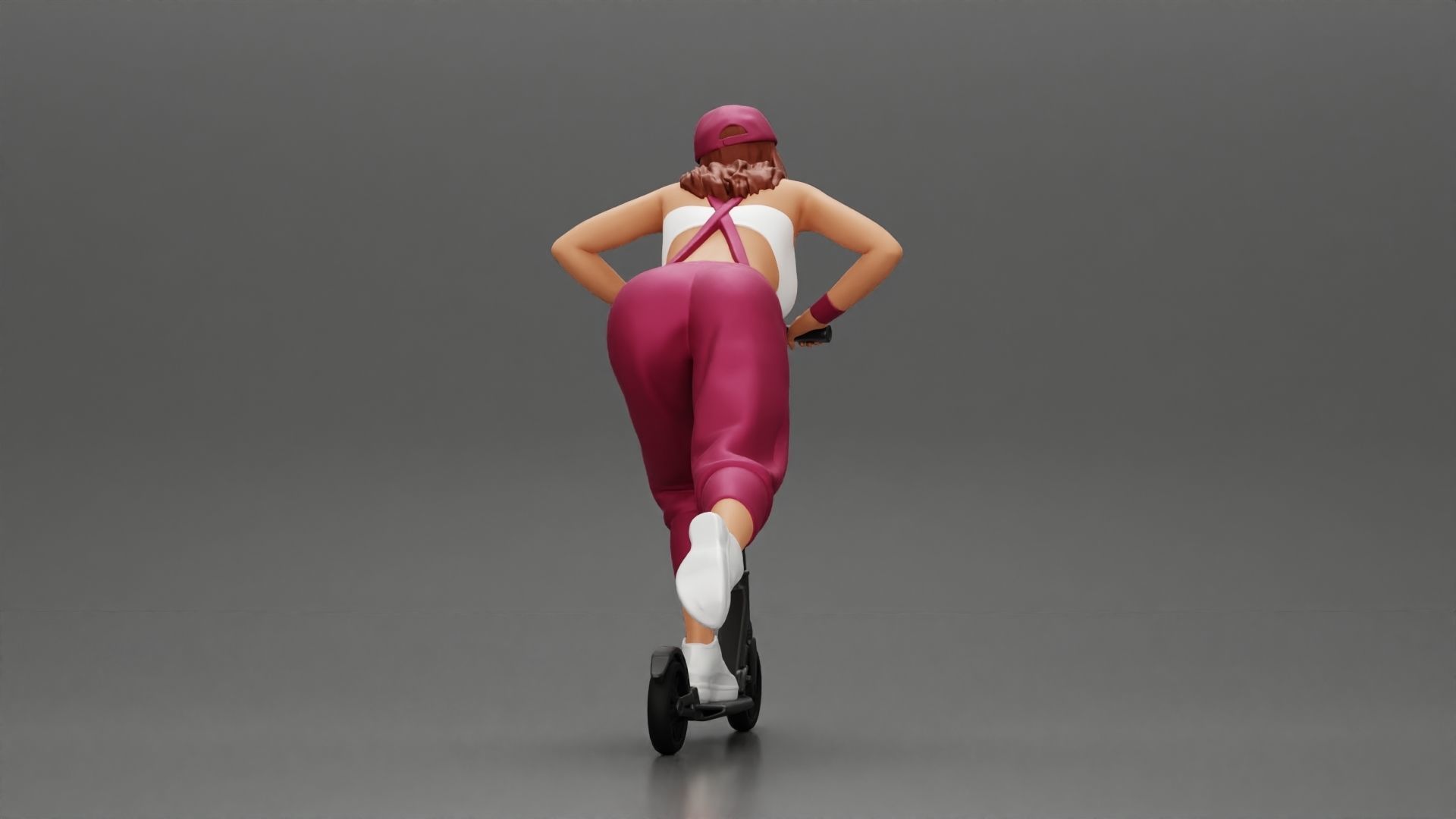 girl in overalls suit and cap riding fast an electric scooter 3D print model_3