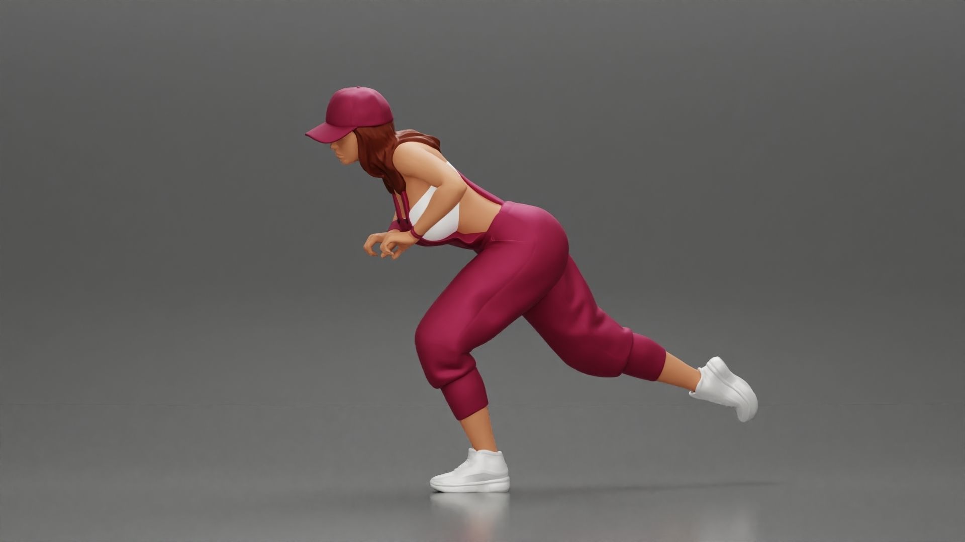 girl in overalls suit and cap riding fast an electric scooter 3D print model_16