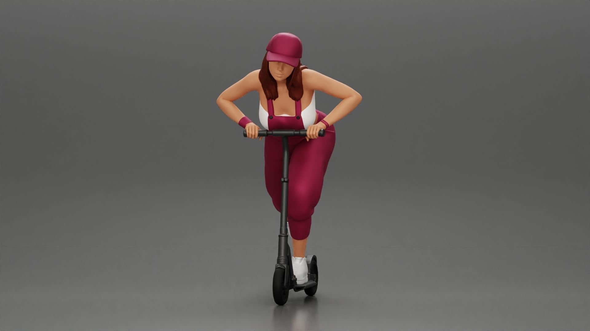 girl in overalls suit and cap riding fast an electric scooter 3D print model_6