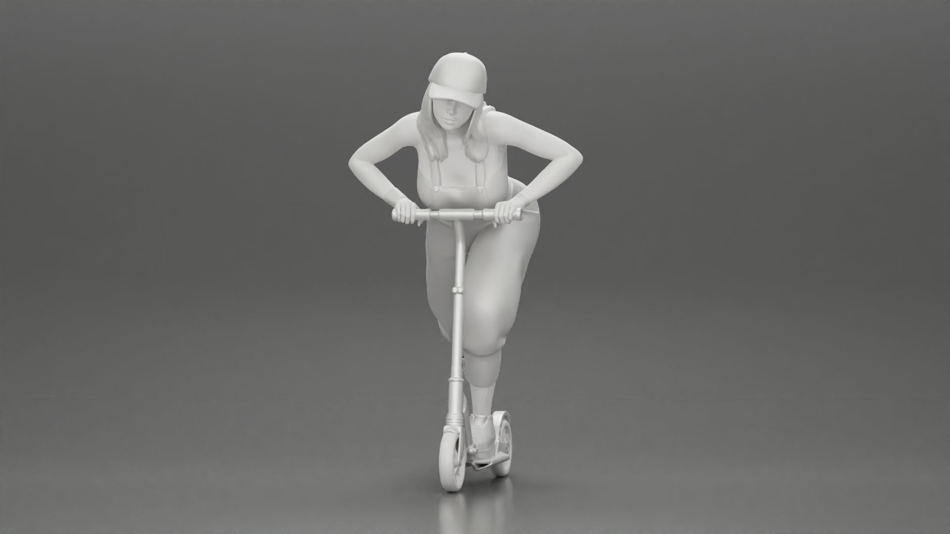 girl in overalls suit and cap riding fast an electric scooter 3D print model_12