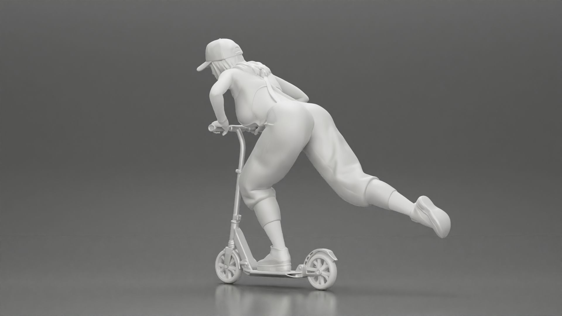 girl in overalls suit and cap riding fast an electric scooter 3D print model_10