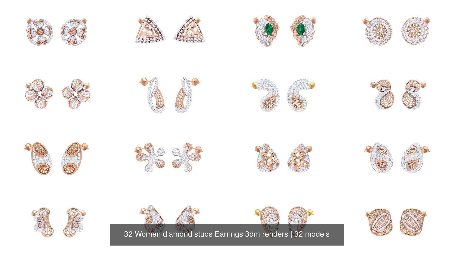 32 Women diamond studs Earrings 3dm renders 3D Model Collection_2
