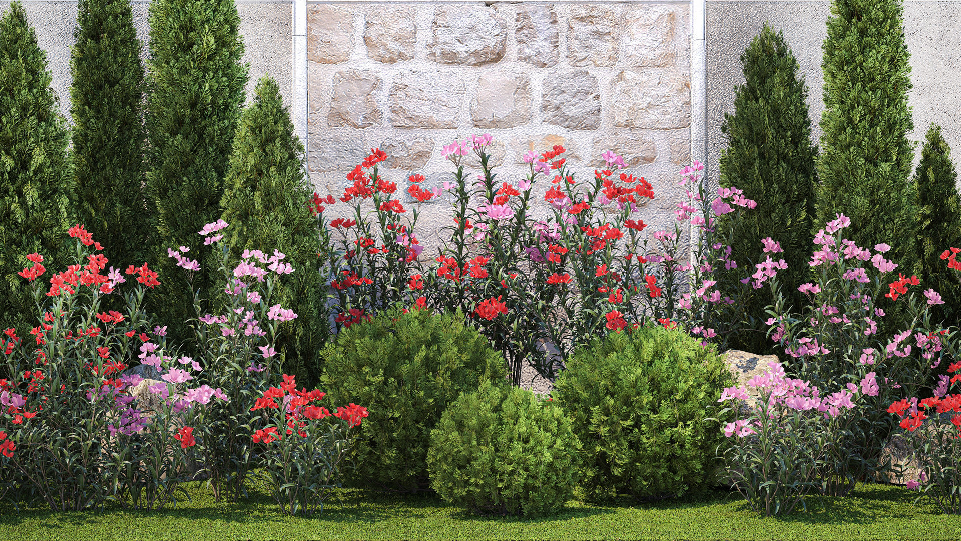 Beautiful garden with thuja flowers cypress and oleander 1370 3D model_2