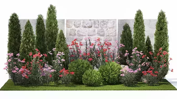 Beautiful garden with thuja flowers cypress and oleander 1370 3D model