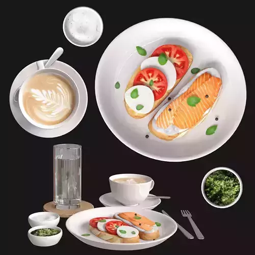 Breakfast with coffee and sandwiches 3D model