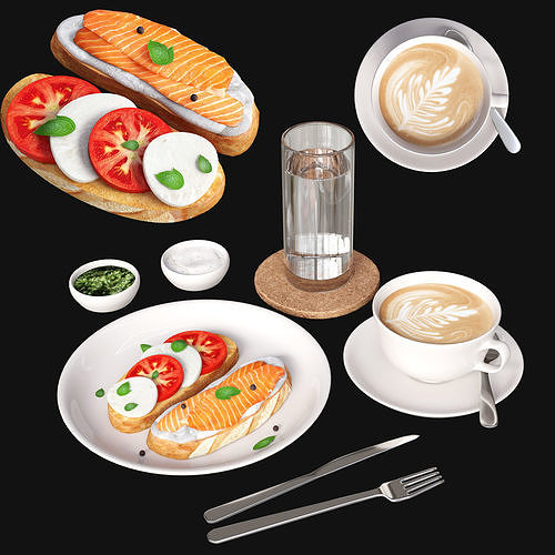 Breakfast with coffee and sandwiches 3D model 3
