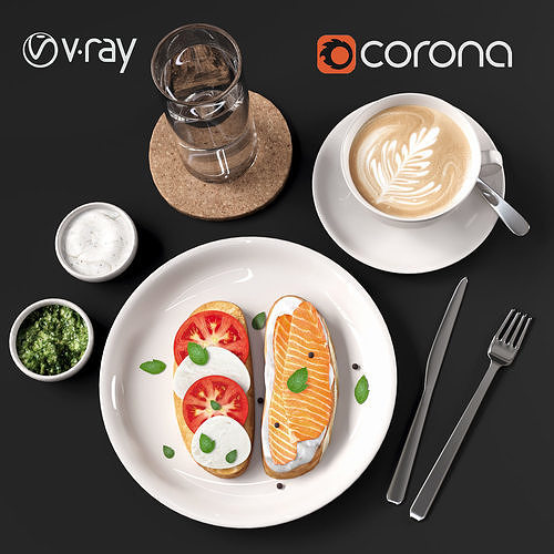 Breakfast with coffee and sandwiches 3D model 2