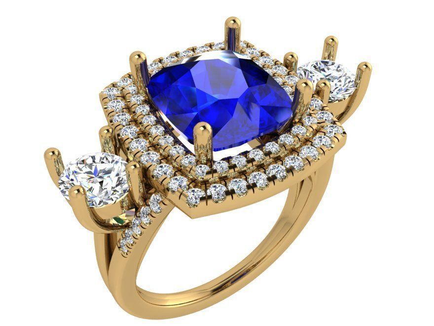 Diamond ring with blue stone and 2 chains 3657 3D print model 3D print model_1