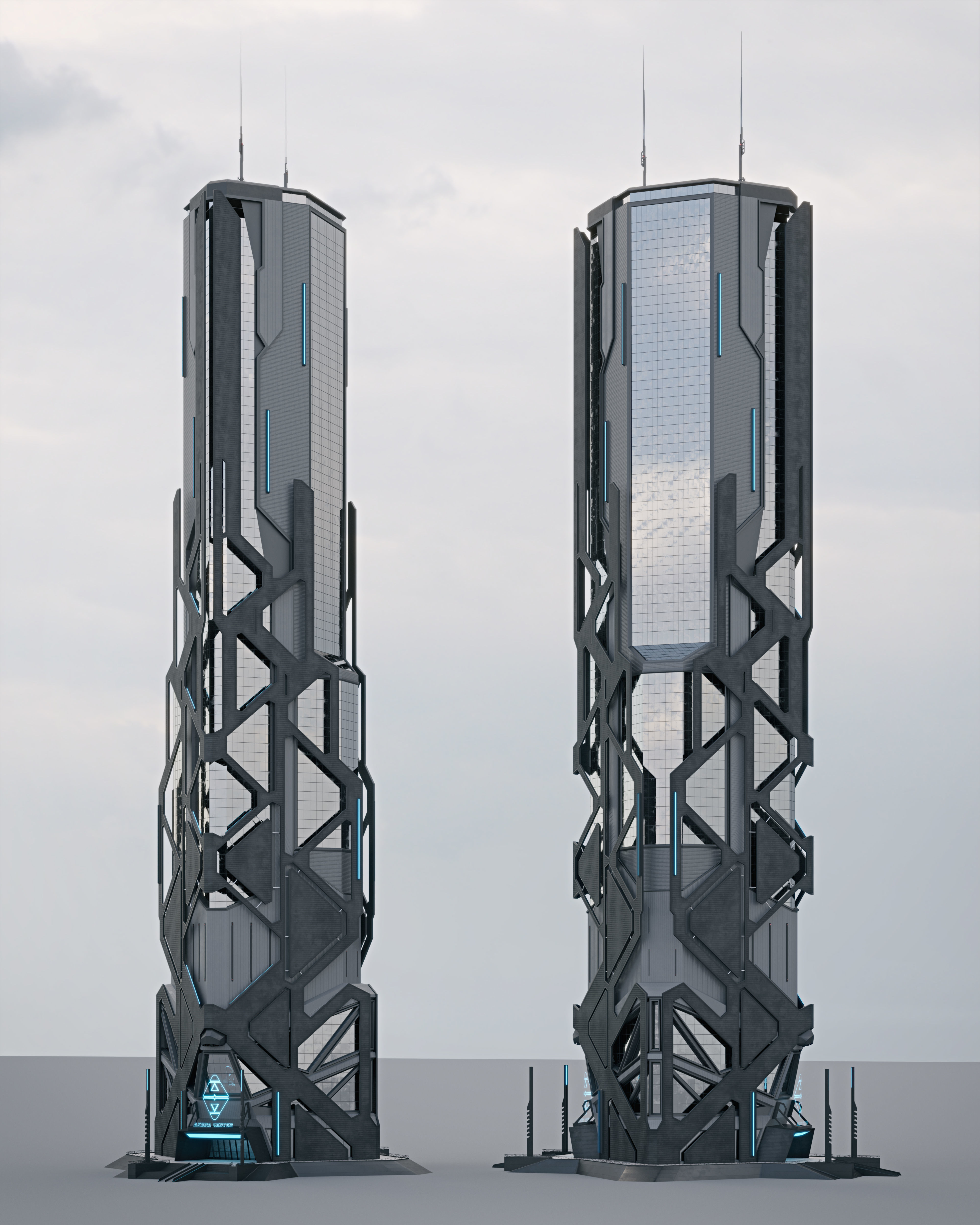 Futuristic sci-fi skyscraper building 3D model_3