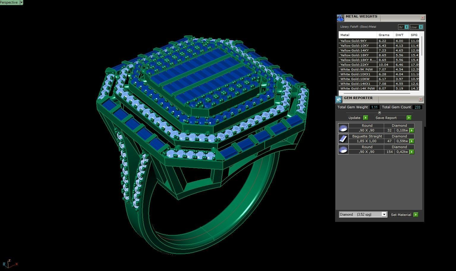 Three Rrows of Large Baguette Rings 3D print model_2