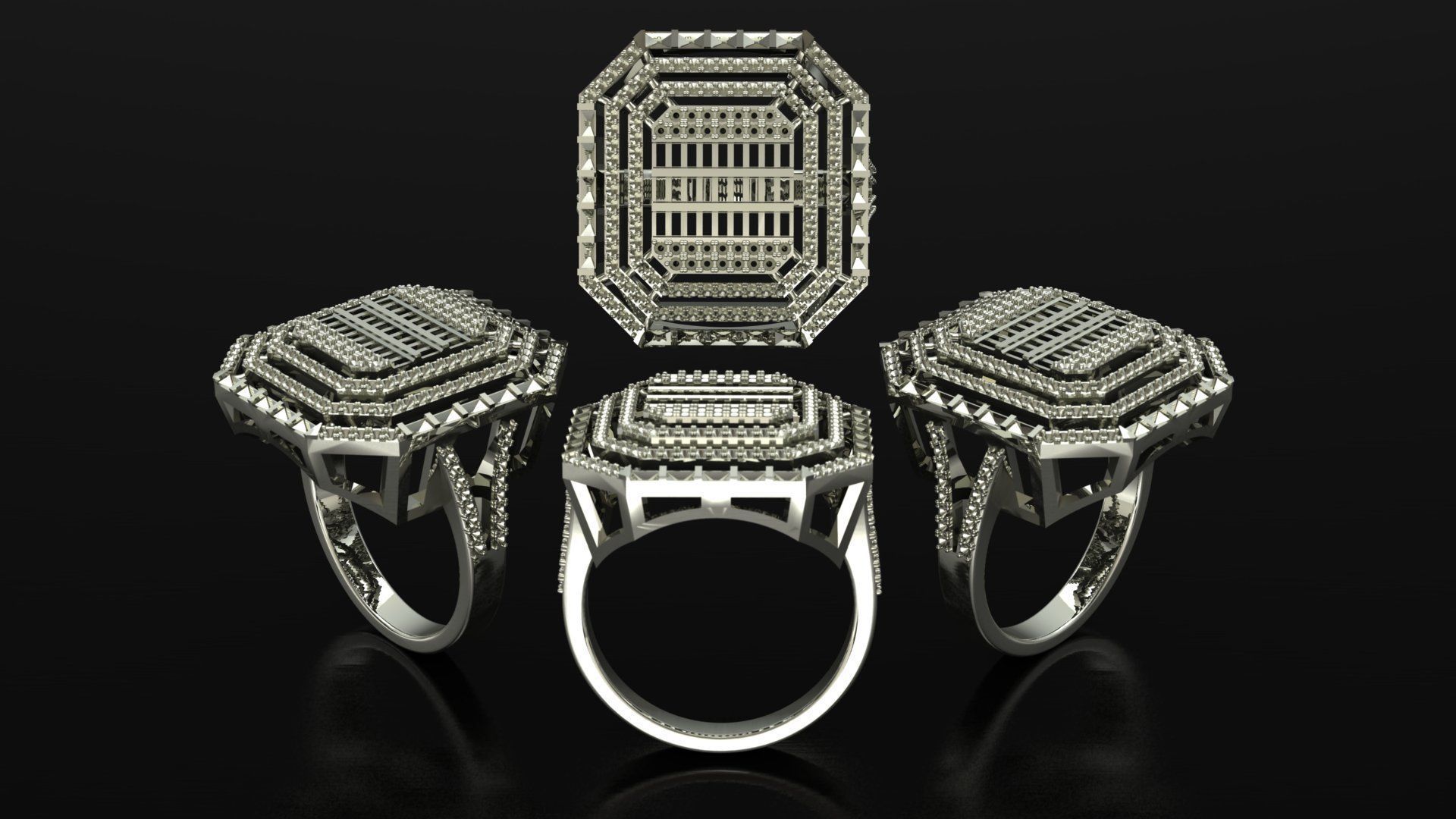 Three Rrows of Large Baguette Rings 3D print model_1