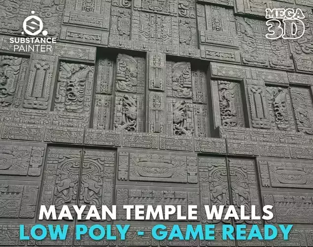Low poly Black Mayan Temple Walls 230809 Low-poly 3D model