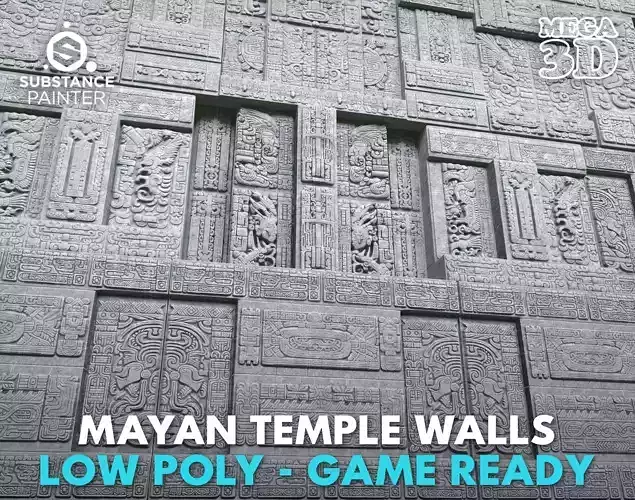 Low poly Gray Mayan Temple Walls 230809 Low-poly 3D model